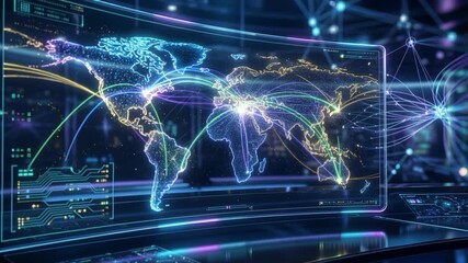 Digital World Map With Connected Lines And Glowing Lights In Futuristic Server Room With Neon Blue And Purple Tones - Powered by Adobe
