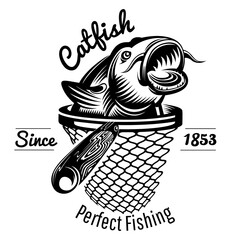 Cat Fish in Landing Net Monochrome Vector Illustration