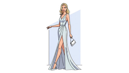 Fototapeta premium A blonde woman in a long, elegant white dress holding a clutch bag stands confidently with one leg visible through a high slit.