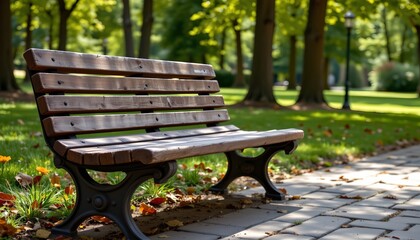 An empty wooden park bench under sunlight in a park.
