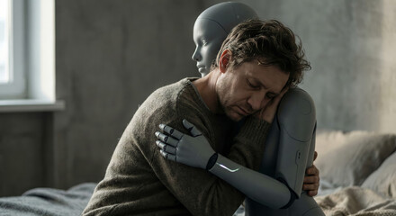 Sad Lonely Man Finding Emotional Support and Comfort in Embracing Futuristic Humanoid Robot at Home