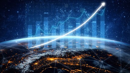 Captivating depiction of a global network with vibrant city lights and a rising graph overlay, illustrating economic trends and advancements in technology on Earth. Copula
