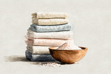 Stacked Towels and a Bowl of Bath Salt