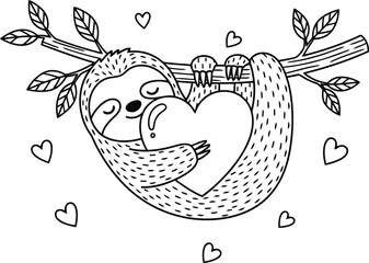 Naklejka premium Adorable Sloth Illustrating Love and Relaxation in Nature