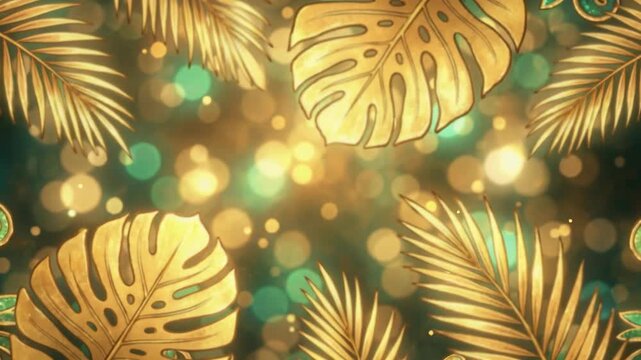 Elegant Golden Tropical Leaf Border With Emerald Accents And Soft Bokeh Lights On Dark Green Background Elegant Festive Decoration