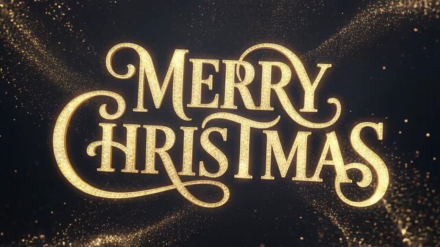 Elegant Golden Merry Christmas Greeting Text Animation with Glittering Sparkle Particles on Dark Background