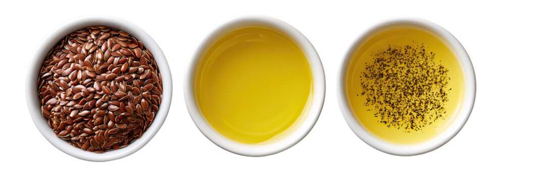 Flax seeds and flaxseed oil arranged side by side on transparent background