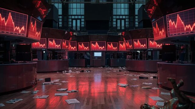 Empty Trading Floor With Falling Stock Market Charts On Screens And Scattered Papers Reflecting Red Light With A Bronze Bull Statue Lying
