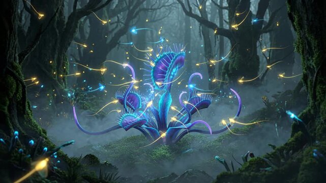 Enchanting Bioluminescent Venus Flytrap Plant in a Mystical Dark Forest with Swirling Magical Fireflies and Ethereal Fog Lighting