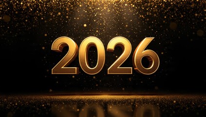Golden 3D 2026 text isolated on a rich black background with sparkling glitter and falling gold confetti particles. Luxury New Year celebration and festive greeting design.