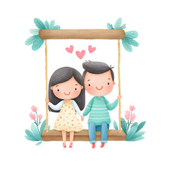 Cute watercolor-style illustration of a young couple, a girl and a boy, sitting together on a swing, romantic and gentle scene isolated on a transparent background