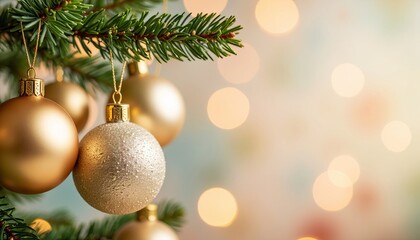Christmas tree adorned with golden ornaments and blurred lights  