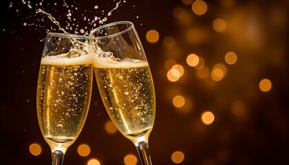 Champagne glasses clinking with bubbles against festive background  