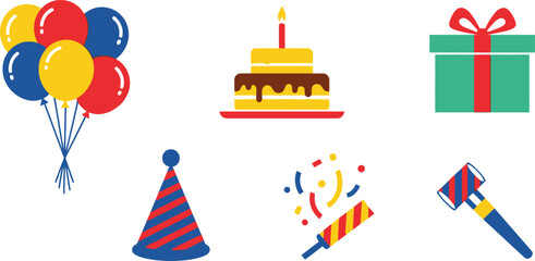 Minimalist flat vector set of 6 party elements balloons birthday cake gift box party hat confetti and noisemaker
