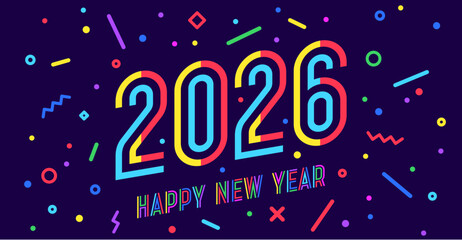 2026, Happy New Year. Greeting card, Happy New Year 2026, colorful numbering design. Geometric bright style, numbers 2026 on dark background, Happy New Year or Merry Christmas. Vector Illustration