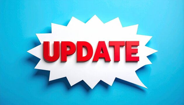 Bold red 3D "UPDATE" text inside a white jagged speech bubble on a bright blue background - Powered by Adobe