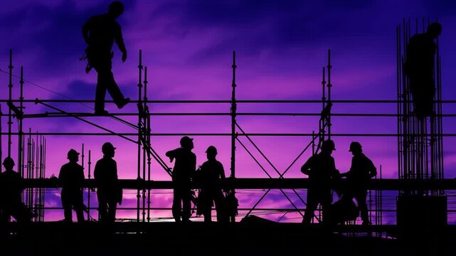 夕闇の建設現場で作業を続ける姿