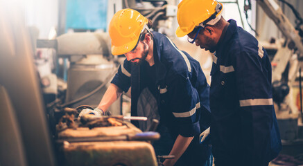Portrait of Heavy industry workers working on the metal fabrication process by operating a lathe at a machine for steel structure industry.