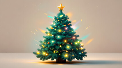 Decorated Christmas tree with golden star and glowing lights on neutral background