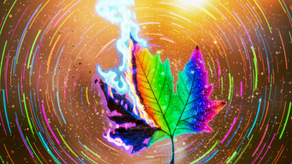 A maple leaf transitioning from iridescent hues to charred remains through blue flames. Composition set against a cosmic backdrop.