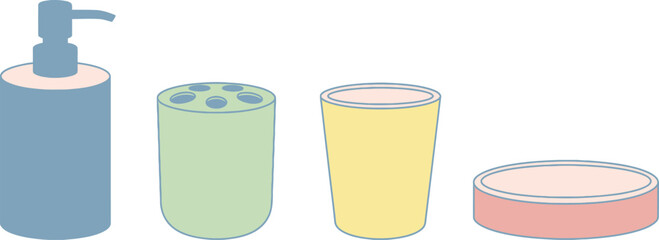 Set of 4 bathroom accessories flat vector illustration including a soap dispenser toothbrush holder tumbler and soap dish