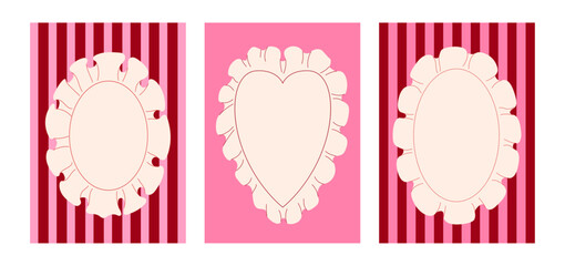 Set of decorative frames with ruffled placemats on striped backgrounds. Vector flat illustration. Romantic holiday greeting card templates