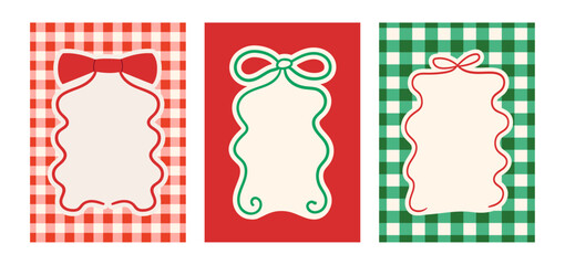 Set of holiday greeting cards with cute hand drawn bows on checkered vichy background. Vector illustration of coquette bows. 