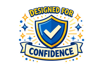 Shield emblem with checkmark and confidence banner with decorative stars