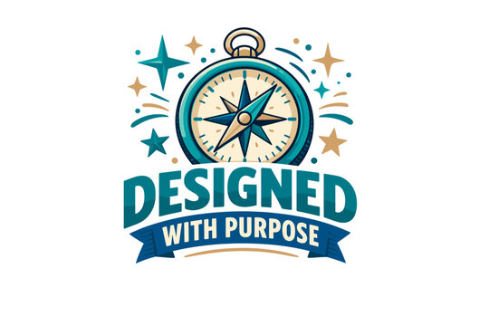 Compass with the phrase 'designed with purpose' and stars surrounding