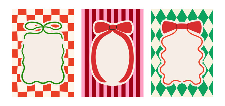 Set of decorative greeting cards with ribbon bow frames on striped and checkered backgrounds. Vector flat illustrations for posters, holiday cards, invitations, etc.