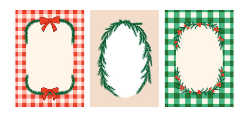 Set of cards with christmas frames on checkered vichy backgrounds. Vector hand drawn illustration. Holiday clipart for greeting cards, posters, invitations. etc.