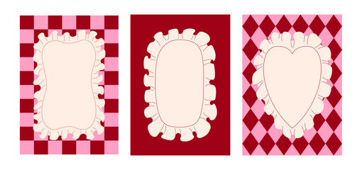 Set of decorative frames with ruffled placemats on checkered backgrounds. Vector flat illustration. Romantic holiday greeting card templates