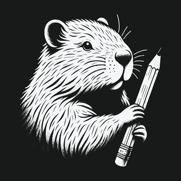 Artistic gopher holding a pencil black and white illustration.