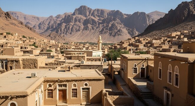 Panoramic view of traditional adobe village nestled in rugged desert mountains under a clear blue sky.