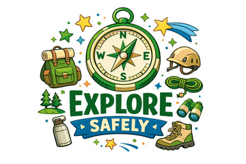 Obraz premium Explore safely: adventure tools with compass, backpack, and binoculars