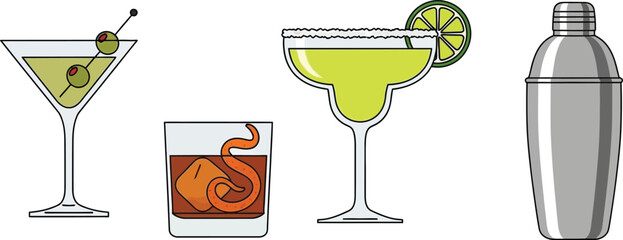 Set of 4 classic cocktail icons flat design illustration showing martini glass margarita glass old fashioned glass and shaker