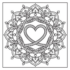 Intricate mandala design featuring a prominent braided heart at its center for coloring
