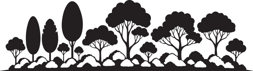 Black silhouette landscape of diverse trees and bushes on a rocky ground forest