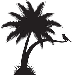 Black Silhouette of a Palm Tree with a Bird on a Branch on White Background Keywords: palm tree, bird, branch