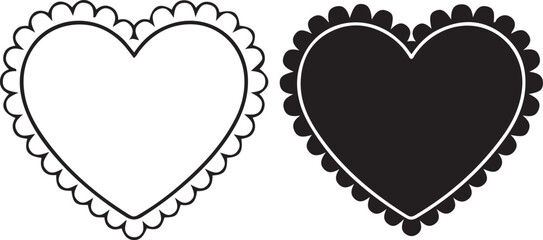 Outline and Solid Black Heart Shapes with Scalloped Edges love symbol