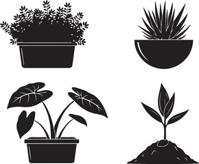 Four black silhouette icons of potted plants and a seedling in soil vector illustration