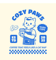 Cat Coffee Retro Mascot Logo Poster for Cafe. Cartoon Character Vector Illustration in Vintage Style