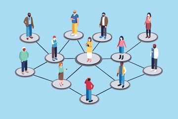 Connected people illustration showing network and social distancing concepts with diverse individuals