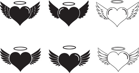 Six Heart Icons with Wings and Halos in Black and White angel love