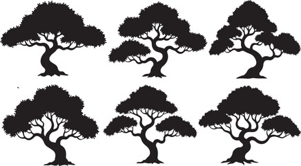 Six Silhouette Bonsai Trees With Stylized Foliage And Gnarled Trunks vector illustration