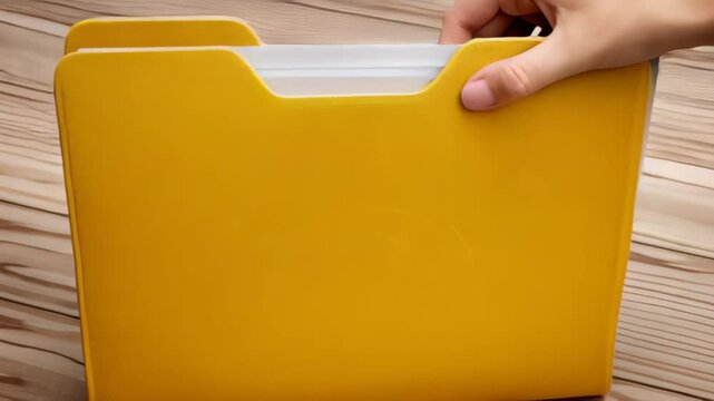 Yellow file folder and document with hand, fingerprint security scan and green biometric file paper