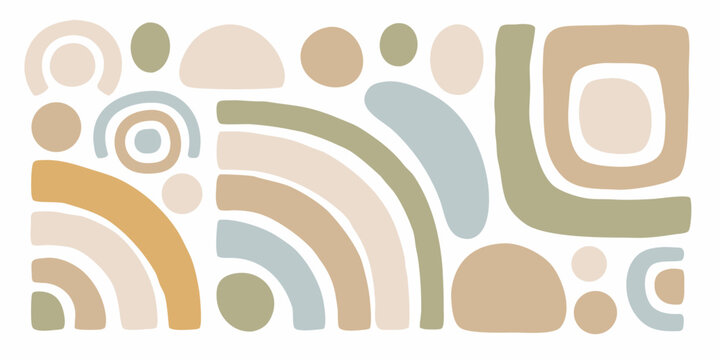 Abstract arrangement of colorful geometric shapes and organic forms on a white background