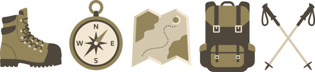 Set of 5 hiking gear icons flat illustration showing hiking boots compass map backpack and trekking poles