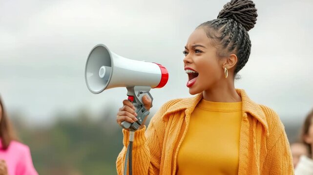 Amplified Voice: A determined individual, voice booming through a megaphone, passionately addresses a crowd, conveying message