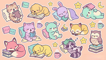 Cute animals sleeping peacefully on books and pillows, enjoying restful slumber